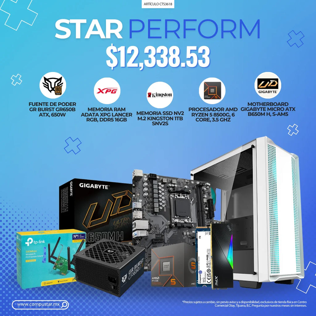 STARPERFORM - FUENTE DE PODER GR BURST GR650B ATX, 650W, MEMORIA RAM ADATA XPG LANCER RGB, DDR5 16GB, MEMORIA SSD NV2 M.2 KINGSTON 1TB SNV2S, PROCESADOR AMD RYZEN 5 8500G, 6 CORE, 3.5 GHZ, MOTHERBOARD GIGABYTE MICRO ATX B650M H, S-AM5