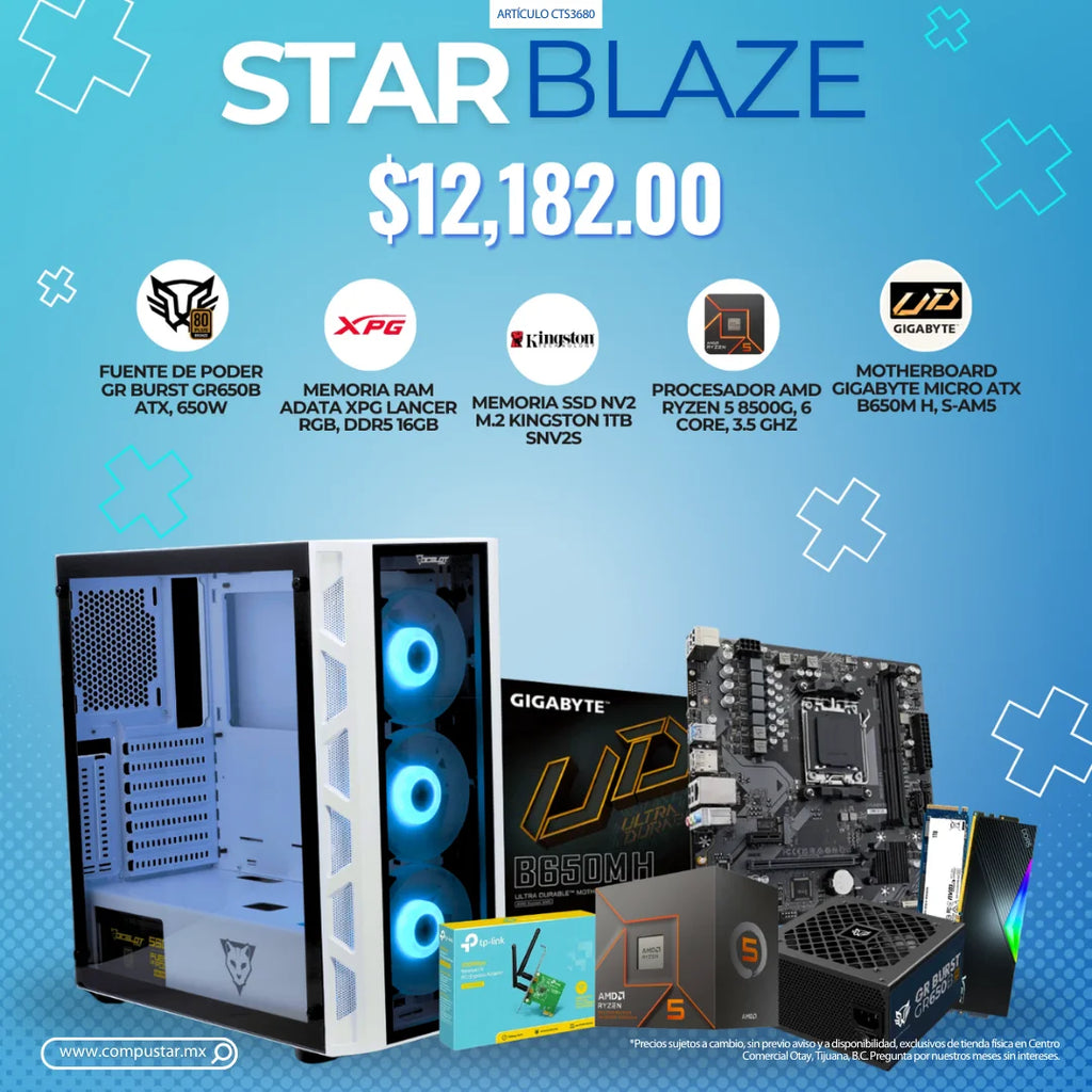 STARBLAZE - FUENTE DE PODER GR BURST GR650B ATX, 650W, MEMORIA RAM ADATA XPG LANCER RGB, DDR5 16GB, MEMORIA SSD NV2 M.2 KINGSTON 1TB SNV2S, PROCESADOR AMD RYZEN 5 8500G, 6 CORE, 3.5 GHZ, MOTHERBOARD GIGABYTE MICRO ATX B650M H, S-AM5