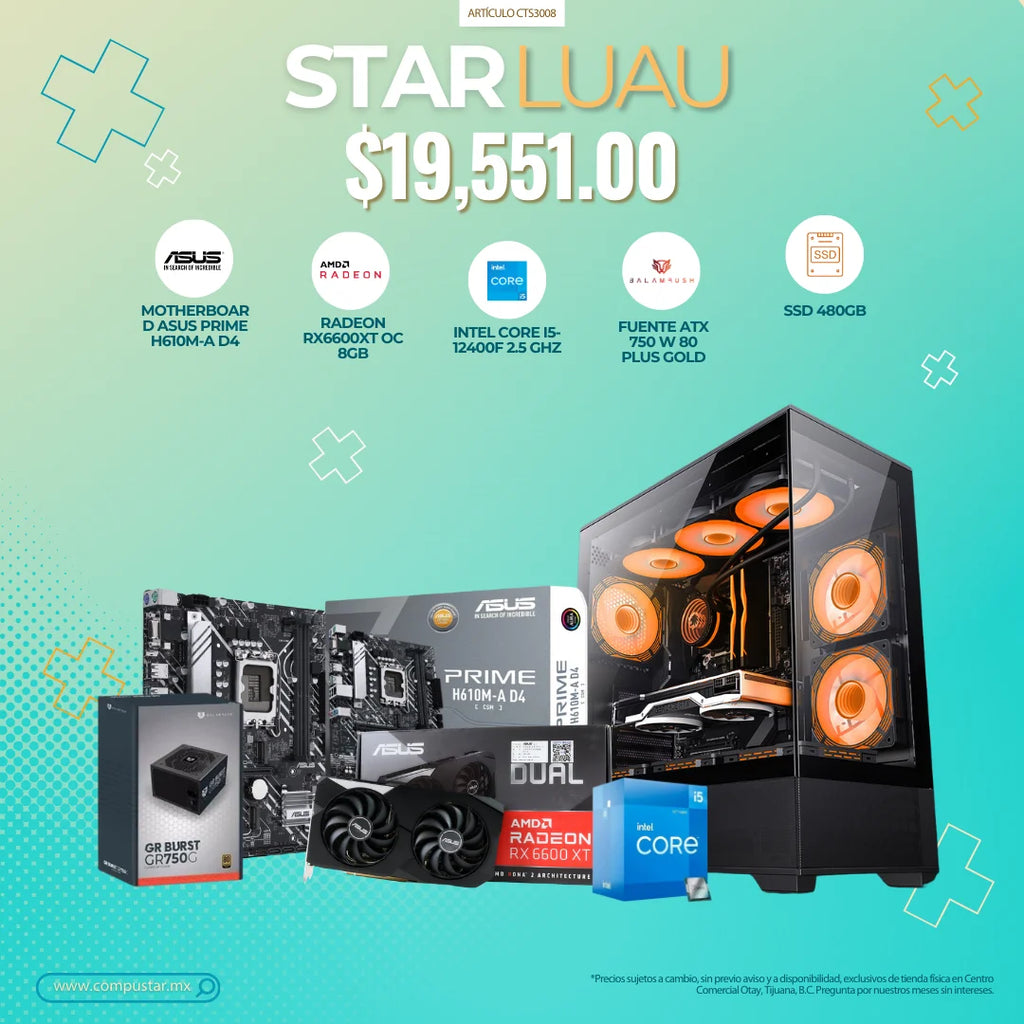 STARLUAU - MOTHERBOARD ASUS PRIME H610M-A D4, INTEL CORE I5-12400F 2.5 GHz, DDR4 8 GB 3200MHz, SSD 480GB, TARJ VIDEO RX6600XT OC 8GB, FUENTE ATX 750 W 80 PLUS GOLD, TARJETA D/RED L RNX-AC1300PCEV2