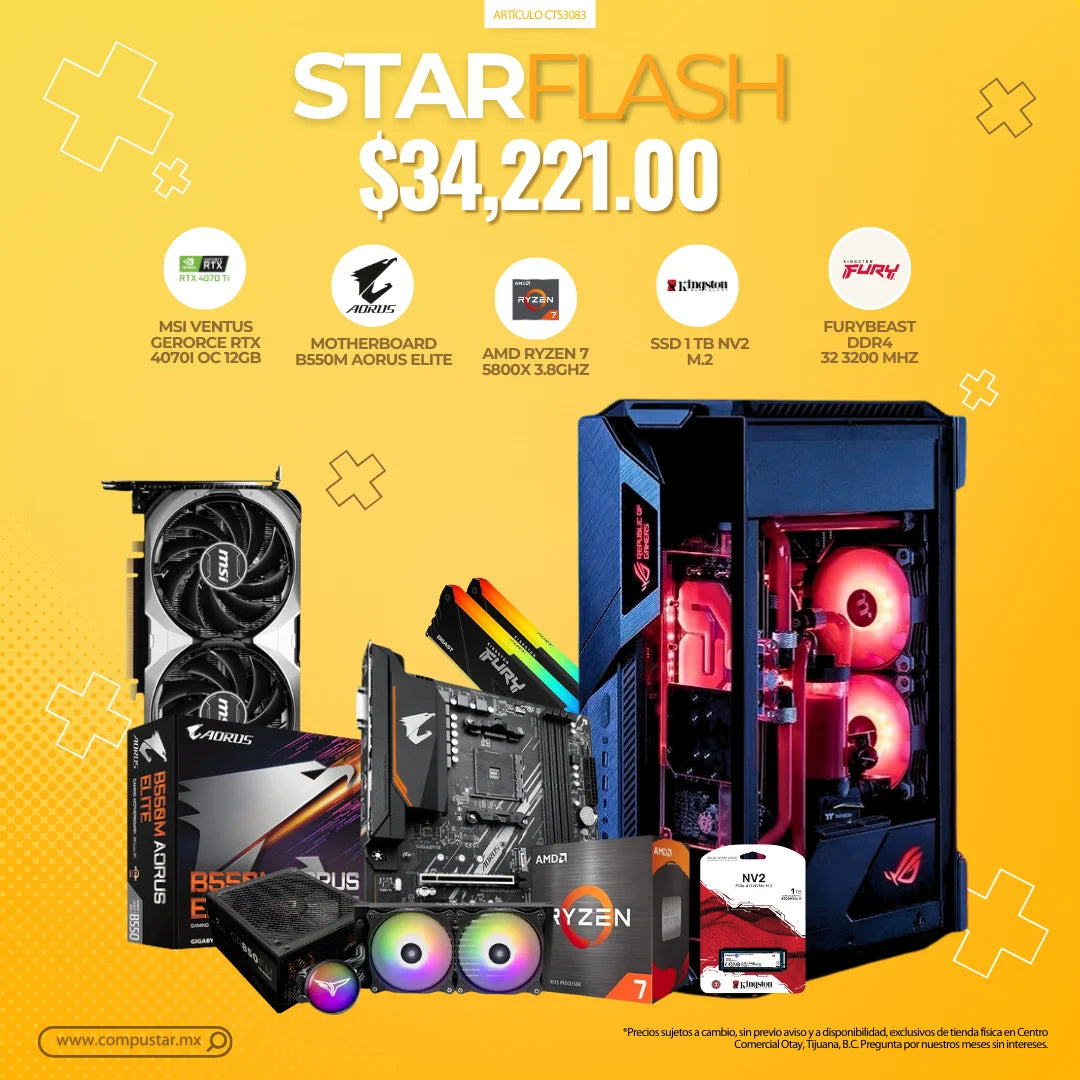 STARFLASH – MOTHERBOARD B550M AORUS ELITE, MSI VENTUS GEFROCE RTX 4070I OC 12GB, AMD RYZEN 7 5800X 3.8GHZ,SSD 1TB NV2 M.2, FURYBEAST DDR4 32 3200 MHZ