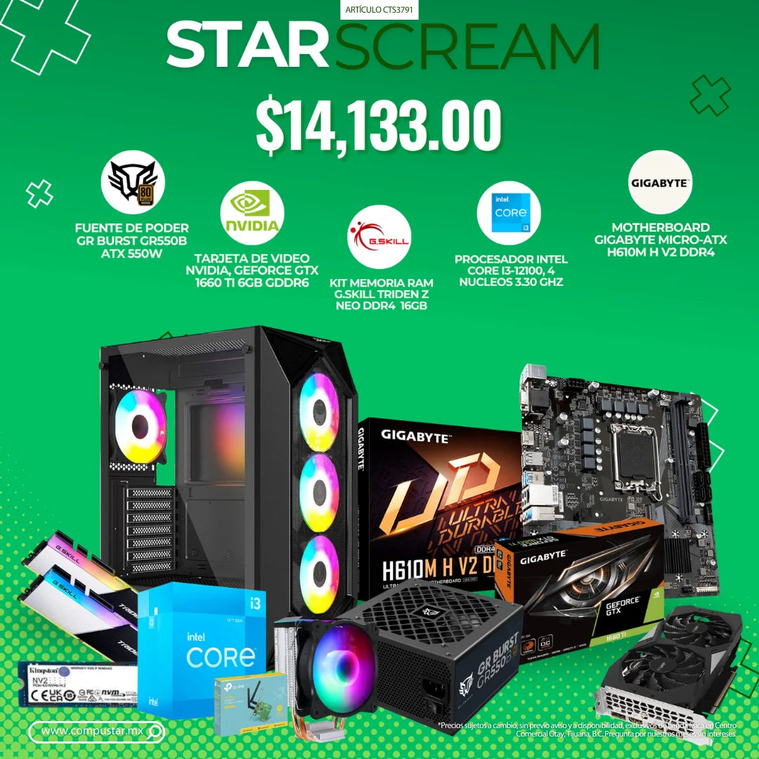 STARSCREAM - FUENTE DE PODER GR BURST GR550B ATX 550W, NVIDIA GEFORCE GTX 1660 TI 6GB GDDR6, KIT MEMORIA RAM G SKILL TRIDEN Z NEO DDR4 16GB, PROCESADOR INTEL CORE I3-12100, 4 NUCLEOS 3.30 GHZ, MOTHERBOARD GIGABYTE MICRO-ATX H610M H V2 DDR4