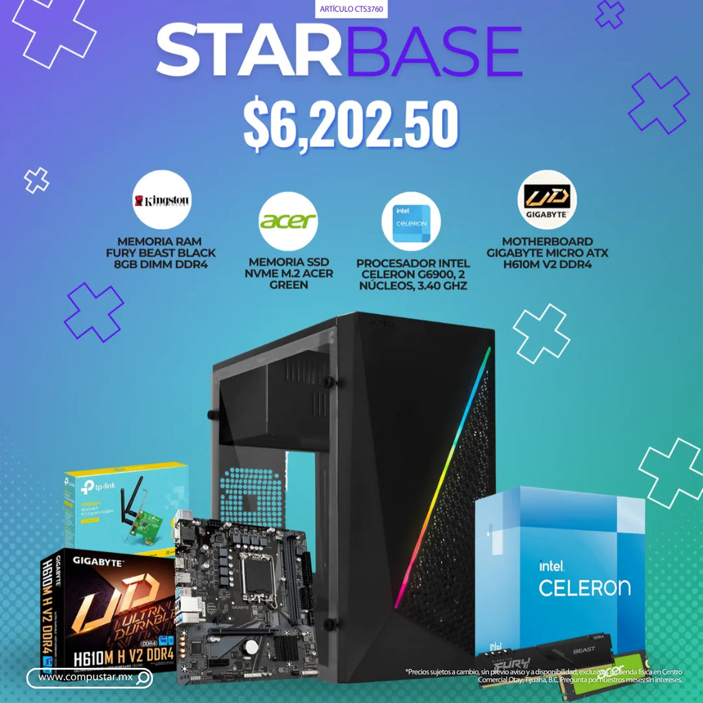 STARBASE - MEMORIA RAM FURY BEAST BLACK 8GB DIMM DDR4, MEMORIA SSD NVME M.2 ACER GREEN, PROCESADOR INTEL CELERON G6900, 2 NÚCLEOS, 3.40 GHZ, MOTHERBOARD GIGABYTE MICRO ATX G610 V2 DDR4