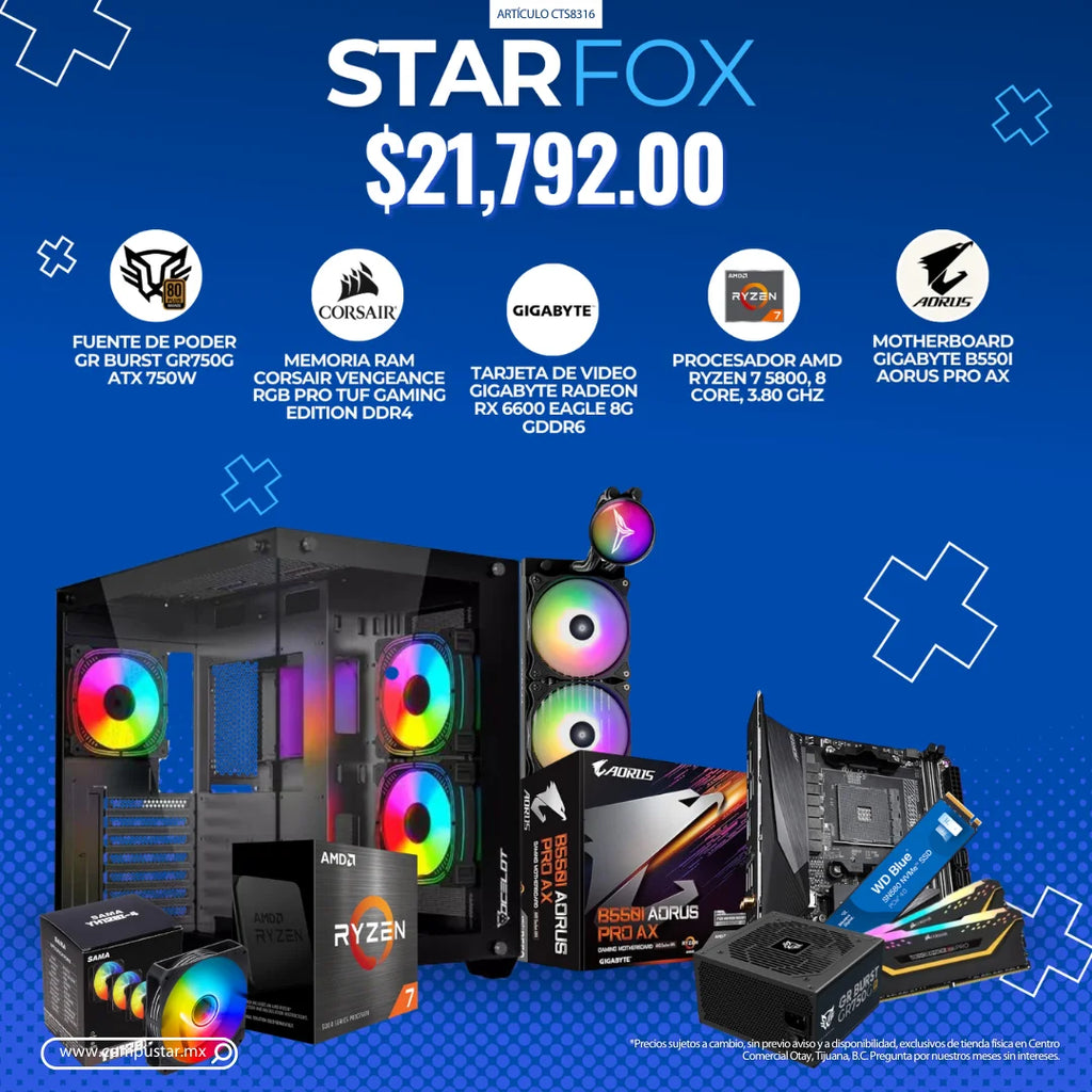 STARFOX - FUENTE DE PODER GR BURST GR750G ATX 750W, MEMORIA RAM VENGEANCE RGB PRO TUF GAMING EDITION DDR4, TARJETA DE VIDEO GIGABYTE RADEON RX 6600 EAGLE 8G GDDR6, PROCESADOR AMD RYZEN 7 5800, 8 CORE, 3.80 GHZ, MOTHERBOARD GIGABYTE B550I AORUS PRO AX