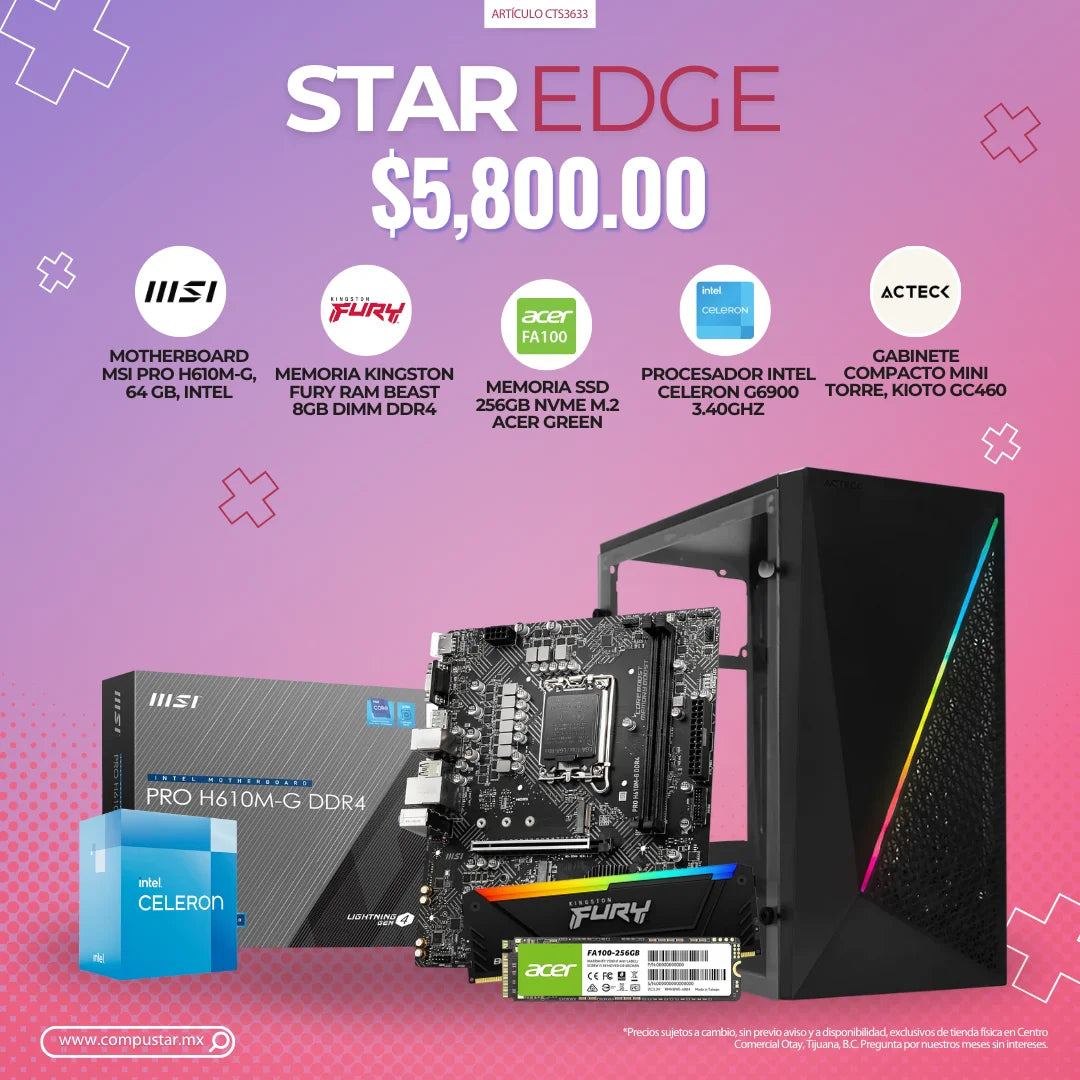 STAREDGE - MOTHERBOARD MSI PRO H610M-G, 64 GB, INTEL, MEMORIA KINGSTON FURY RAM BEAST 8GB DIMM DDR4, MEMORIA SSD 256GB NVME M.2 ACER GREEN, PROCESADOR INTEL CELERON G6900 3.40GHZ, GABINETE COMPACTO MINI TORRE, KIOTO GC460