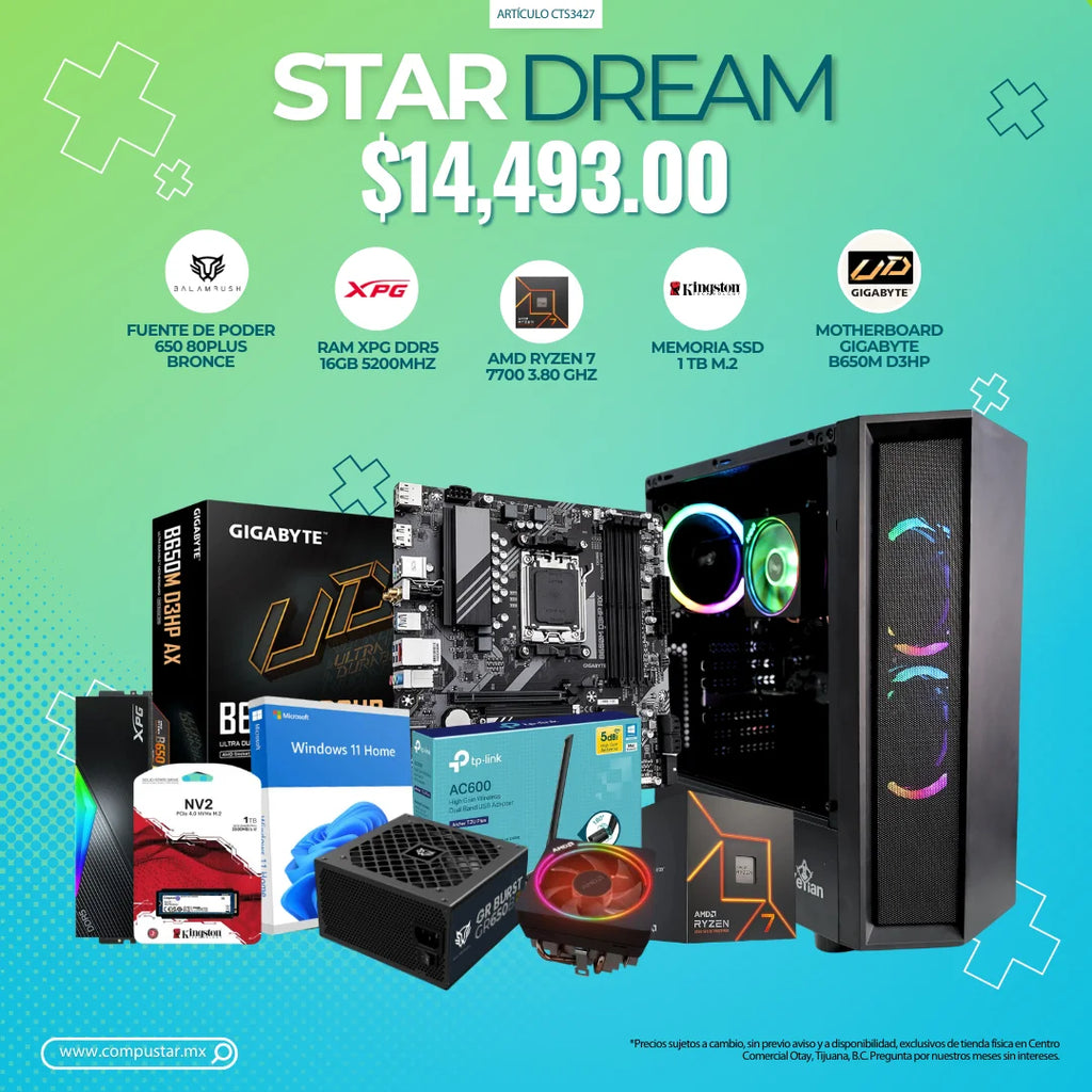 STARDREAM – MOTHERBOARD GIGABYTE B650M D3HP, FUENTE DE PODER 650 80PLUS BRONCE, RAM XPG DDR5 16GB 5200MHZ, AMD RYZEN 7 7700 3.80 GHZ, MEMORIA SSD 1TB M.2