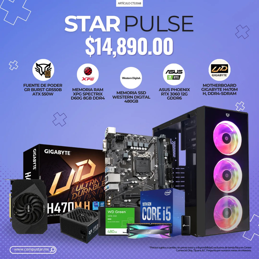 STARPULSE - MOTHERBOARD GIGABYTE H470M H DDR4-SDRAM, FUENTE DE PODER GR BURST GR550B ATX 550W, MEMORIA RAM XPG SPECTRIX D60G 8GB DDR4, MEMORIA SSD WESTERN DIGITAL 480GB, ASUS PHOENIX RTX 3060 12G GDDR6