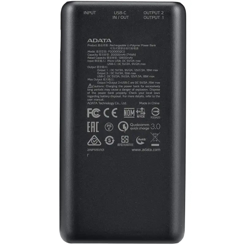 POWERBANK ADATA P20000QCD NEGRO 20000 MAH