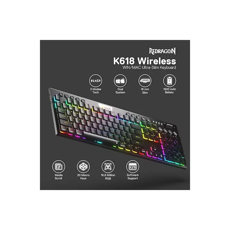 TECLADO GAMER REDRAGON HORUS K618 RGB MECANICO SWITCH RED ULTRA INALAMBRICO NEGRO ESP