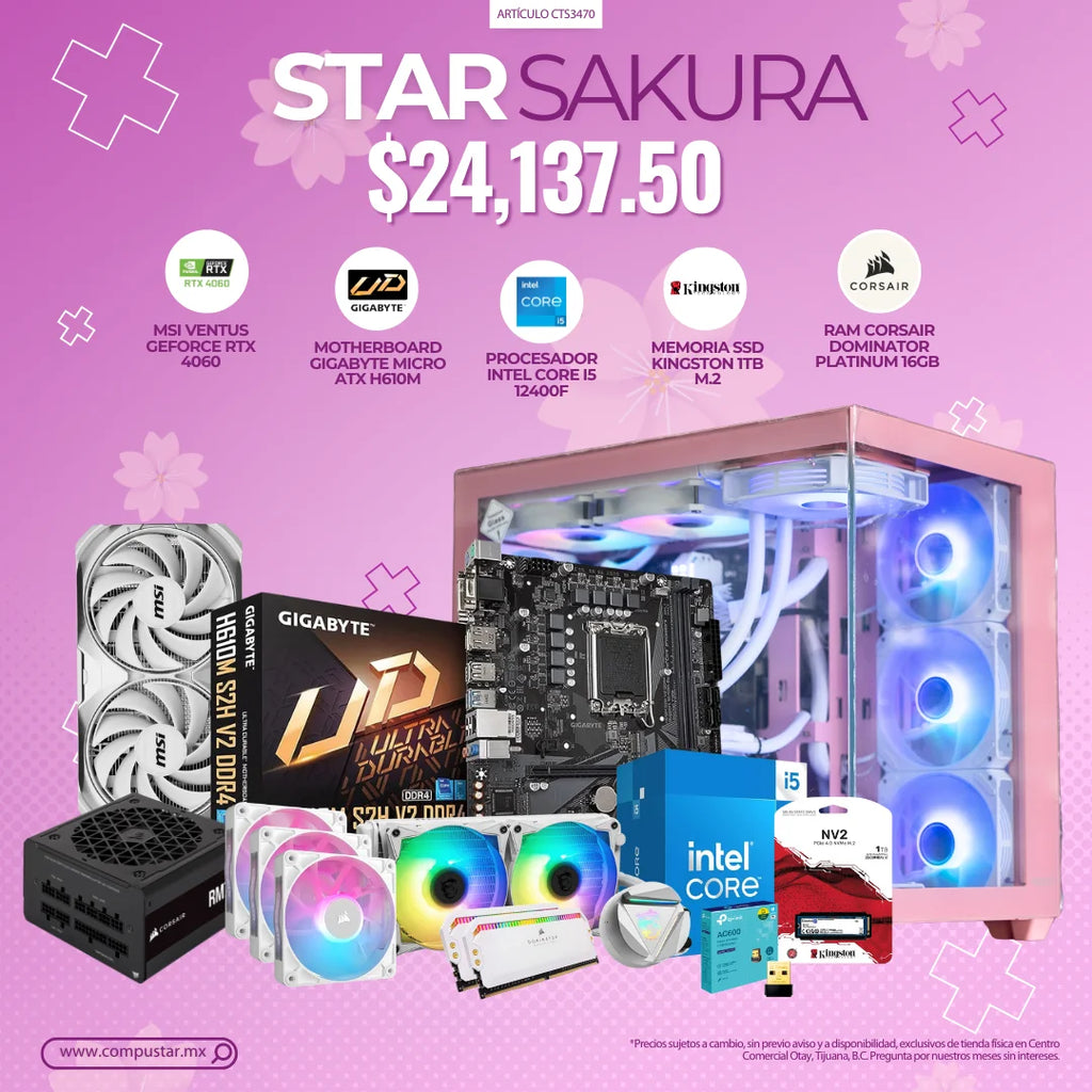 STARSAKURA – MOTHERBOARD GIGABYTE MICRO ATX H610M, MSI VENTUS GEFORCE RTX 4060, PROCESADOR INTEL CORE I5, MEMORIA SSD KINGSTON 1TB M.2, RAM CORSAIR DOMINATOR PLATINUM 16GB